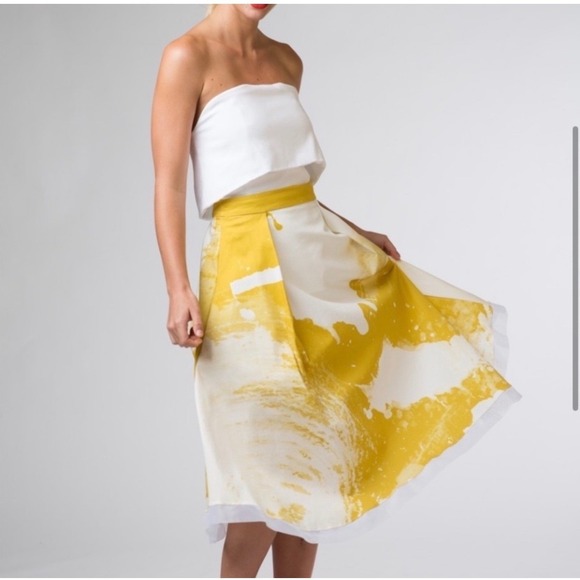Ellender Anthropologie Painterly Mustard Yellow Abstract Pleated Midi Skirt 4 - Picture 3 of 11